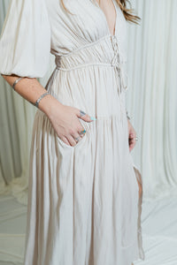 Silky Bubble Sleeve Side Slit Maxi Dress