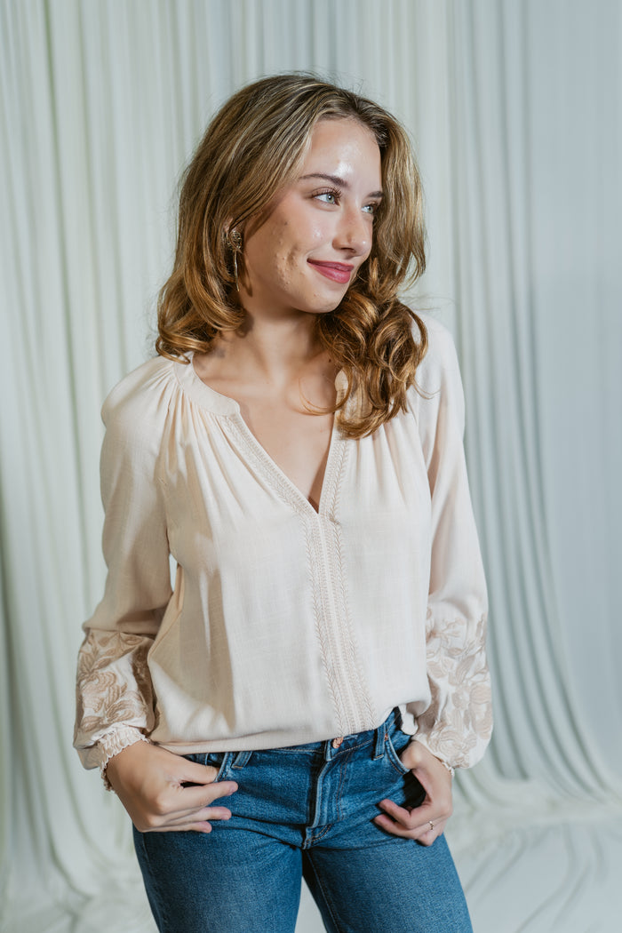Willow Embroidered Split-Neck Blouse