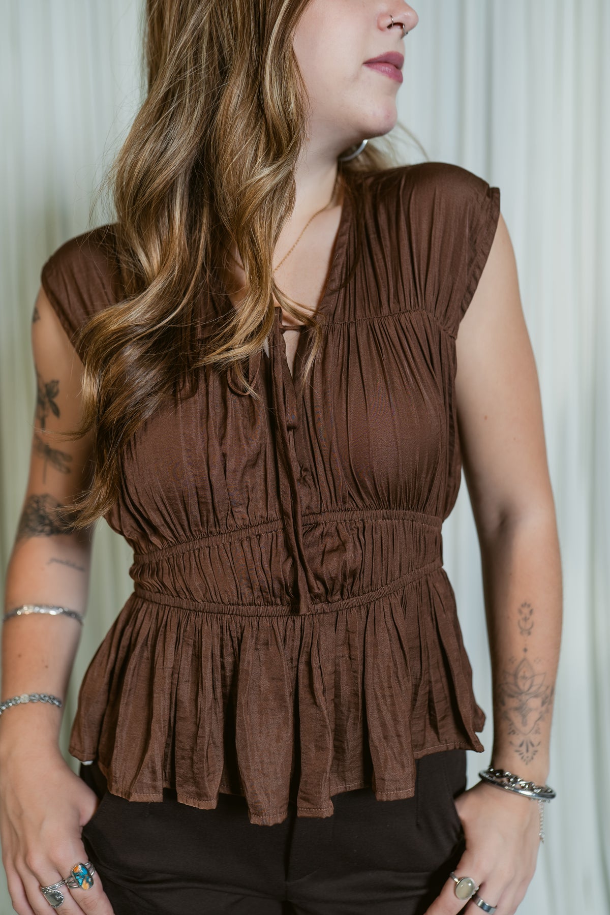 Rudi's Ruched Peplum Tie-Front Top
