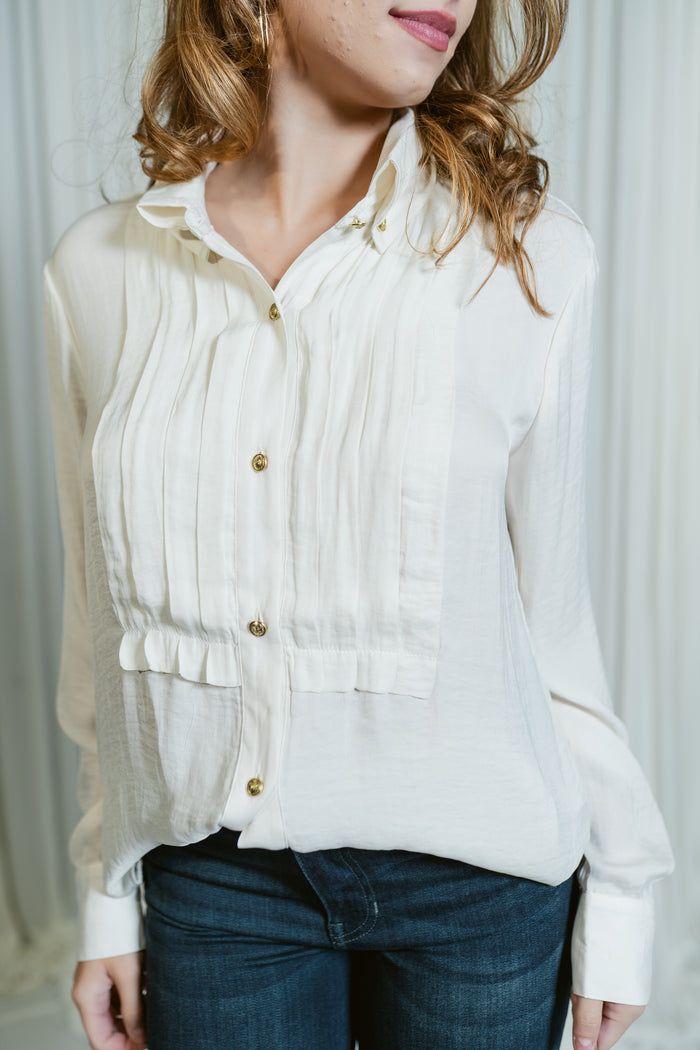 The Long Sleeve Pleated Tuxedo Blouse