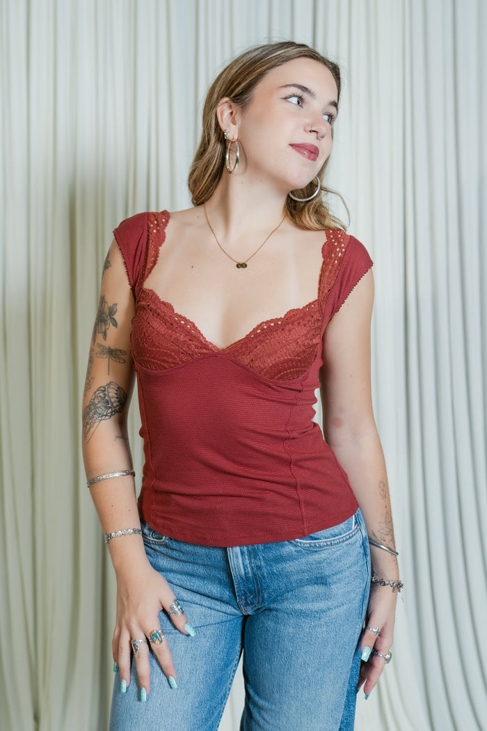Blush Hour Eyelet Trim Plunge Cap Sleeve Top