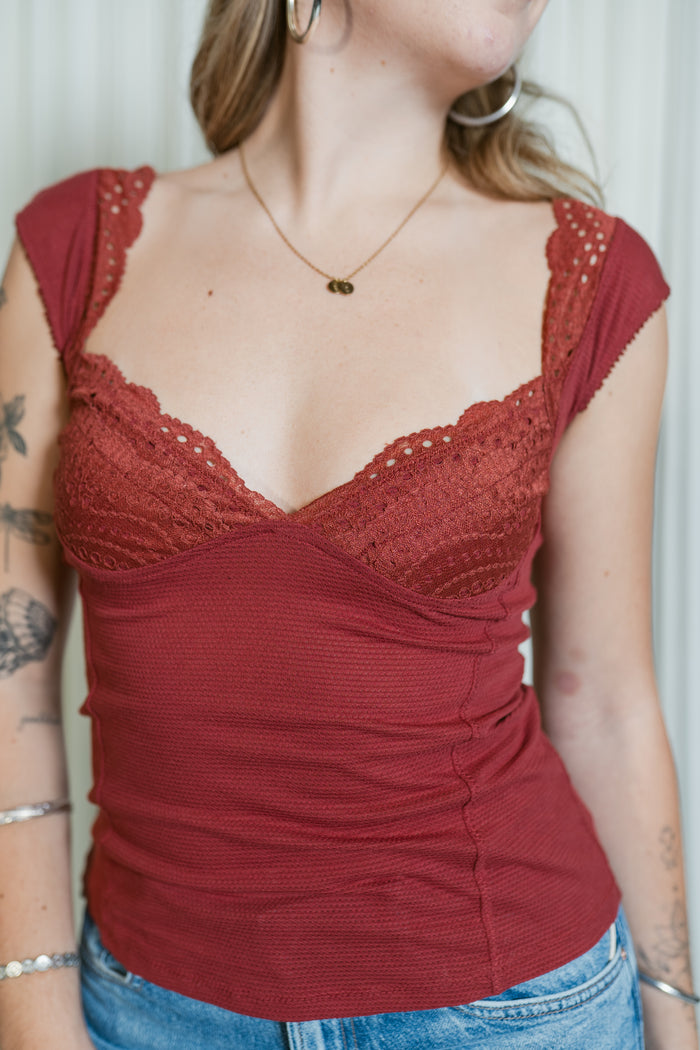 Blush Hour Eyelet Trim Plunge Cap Sleeve Top