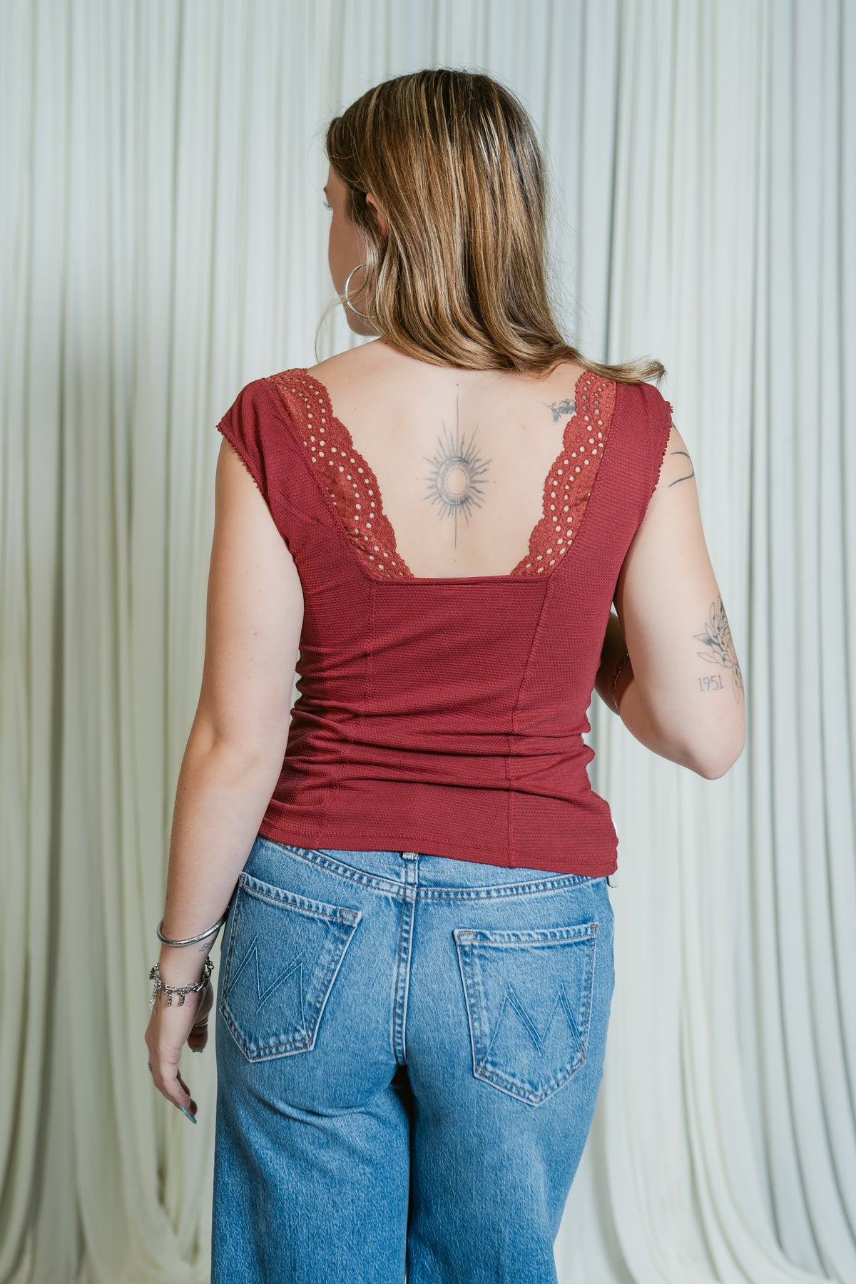 Blush Hour Eyelet Trim Plunge Cap Sleeve Top