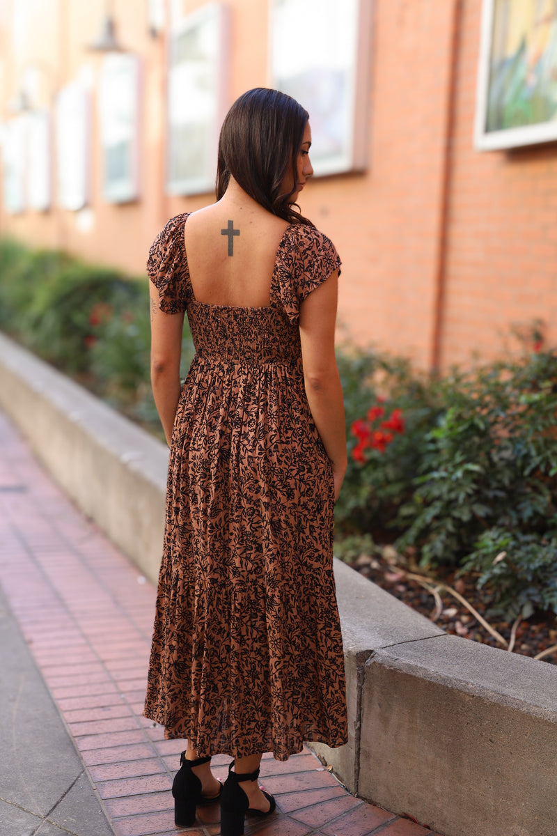 Chestnut Floral Short Sleeve Midi Dress