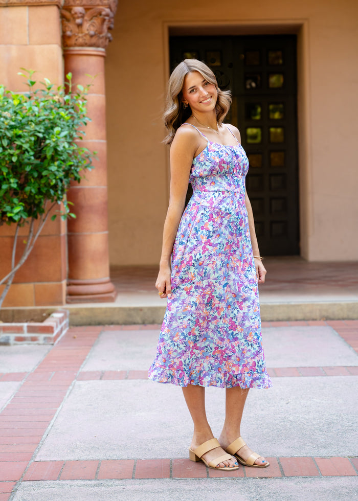 Lila Gathered Bust Midi Dress W/ Ruffle Hem