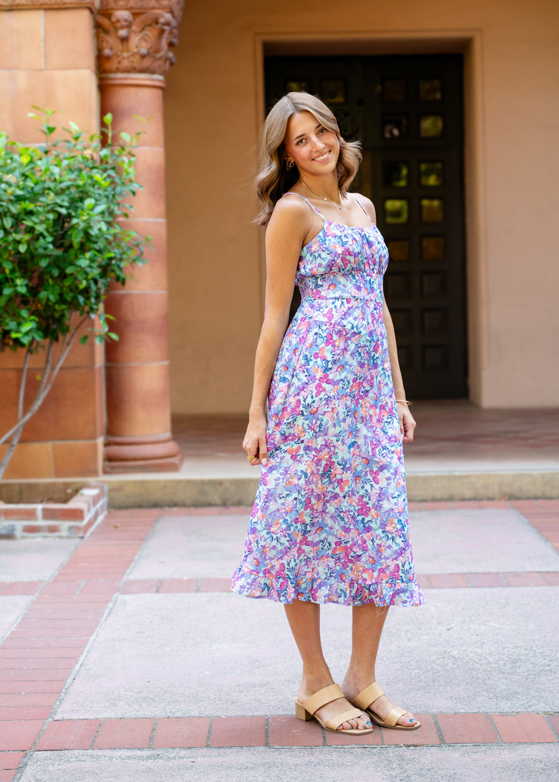 Lila Gathered Bust Midi Dress W/ Ruffle Hem
