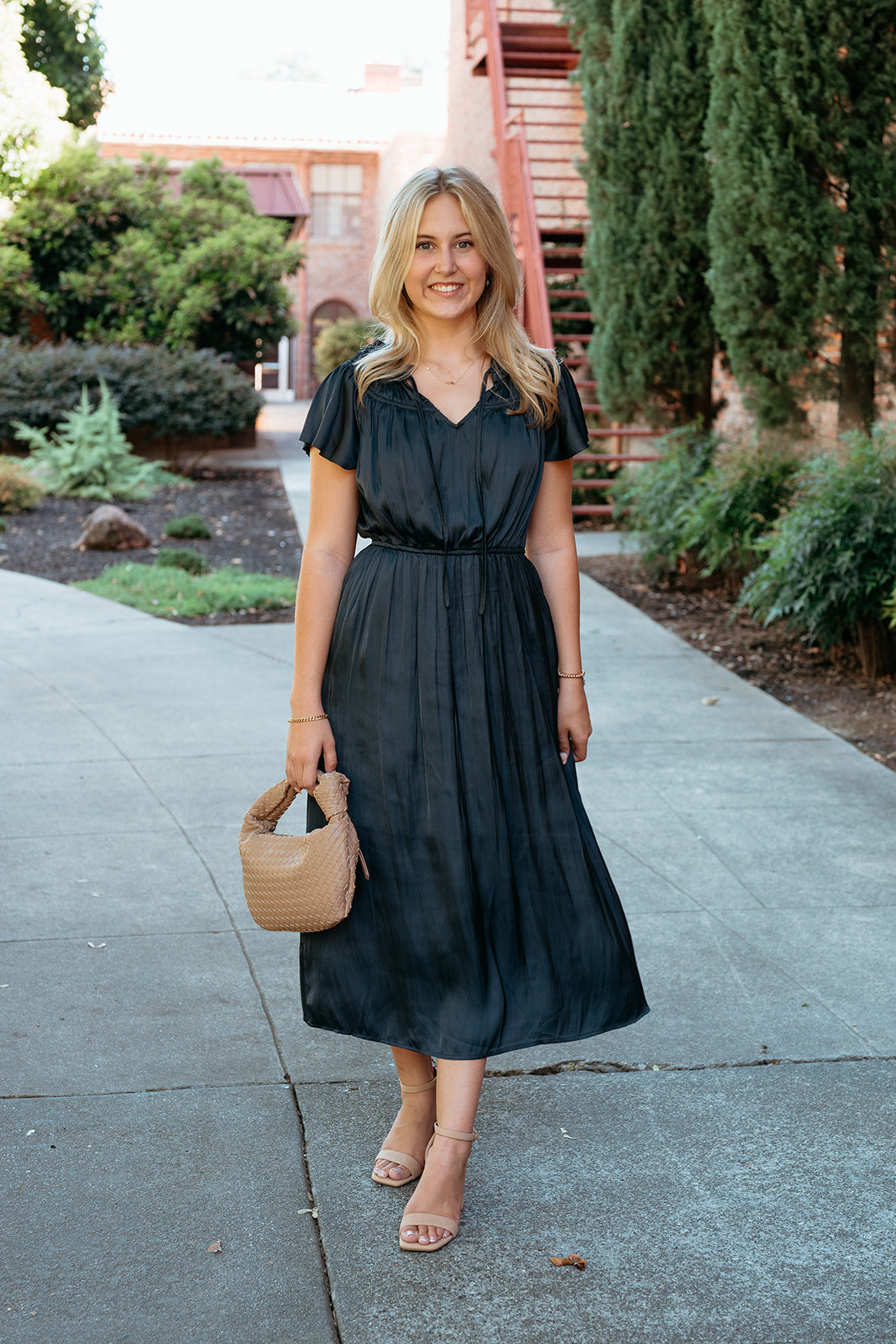 Satin Ruffle Sleeve Midi Dress W/ Neck Tie Deep Navy / Medium Satin Ruffle Sleeve Midi Dress W/ Neck Tie Deep Navy / Medium