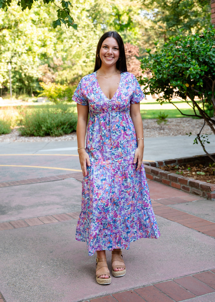 Indigo Fields V-Neck Maxi Dress W/ Waist Tie