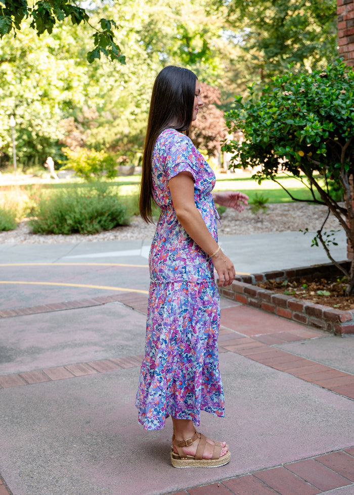Indigo Fields V-Neck Maxi Dress W/ Waist Tie