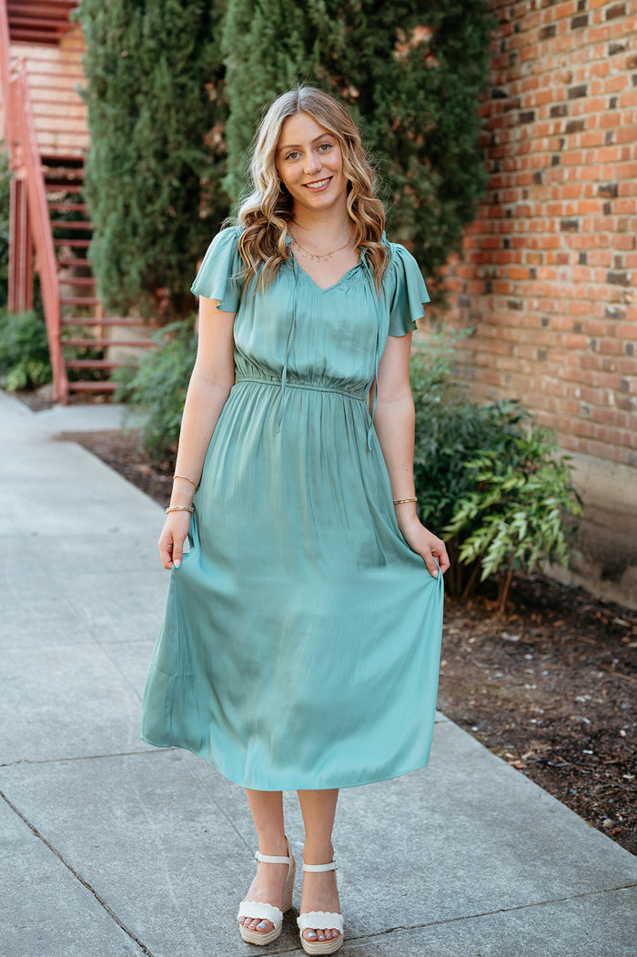 Satin Ruffle Sleeve Midi Dress W/ Neck Tie