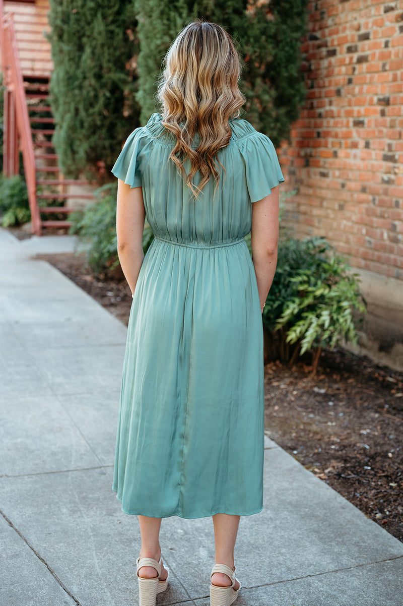 Satin Ruffle Sleeve Midi Dress W/ Neck Tie