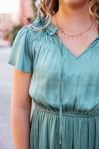 Satin Ruffle Sleeve Midi Dress W/ Neck Tie