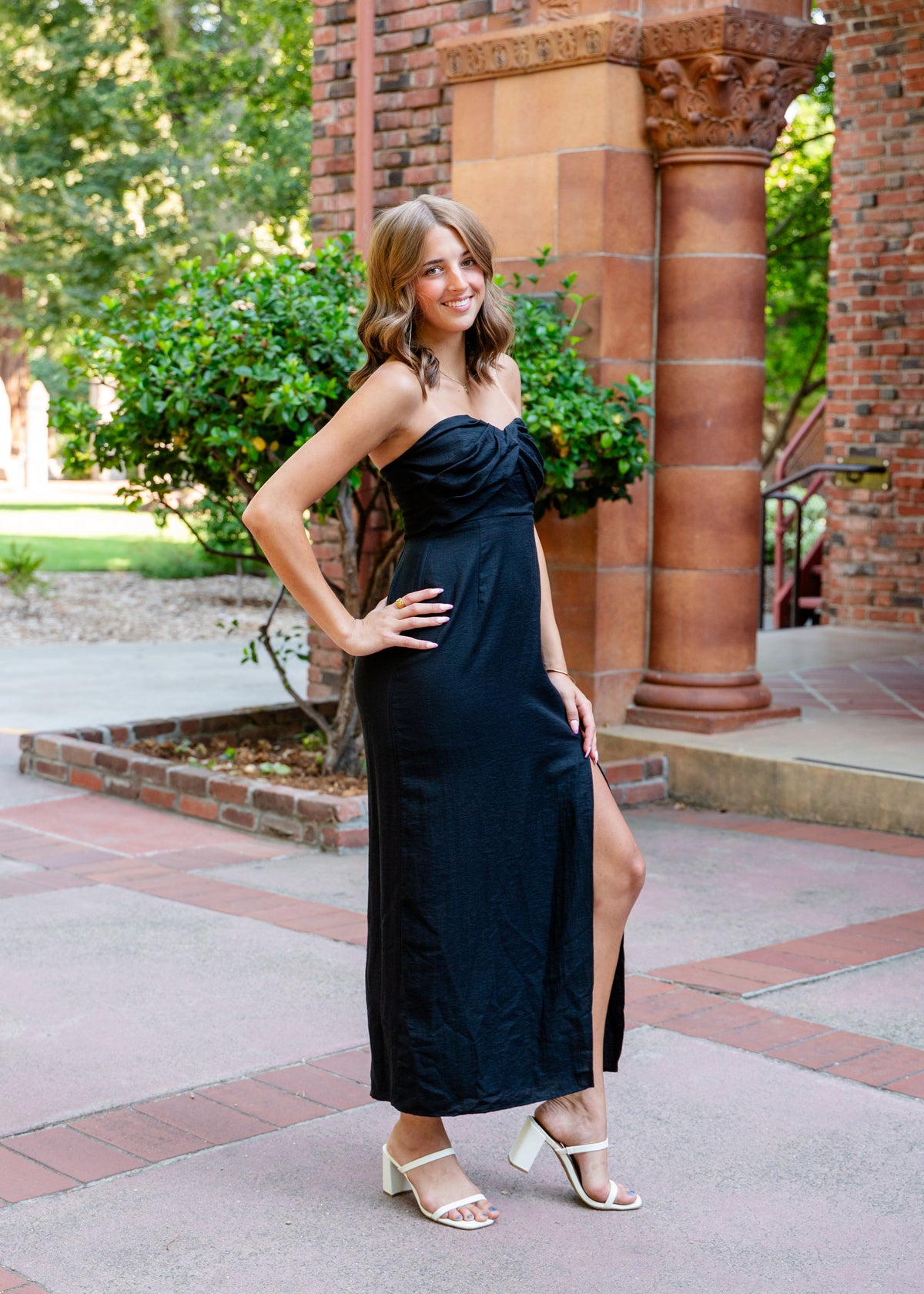strapless midi dress with slit Pink Dawn Strapless Side Slit Midi Dress E4261A2043