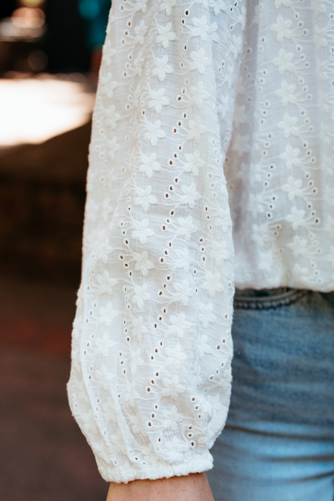 Floral Eyelet Split Neck Blouse W/ Elastic Hem