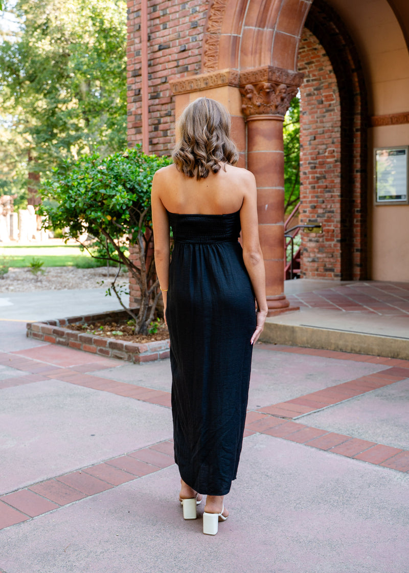Dovi Strapless Twist Midi Dress W/Side Slit
