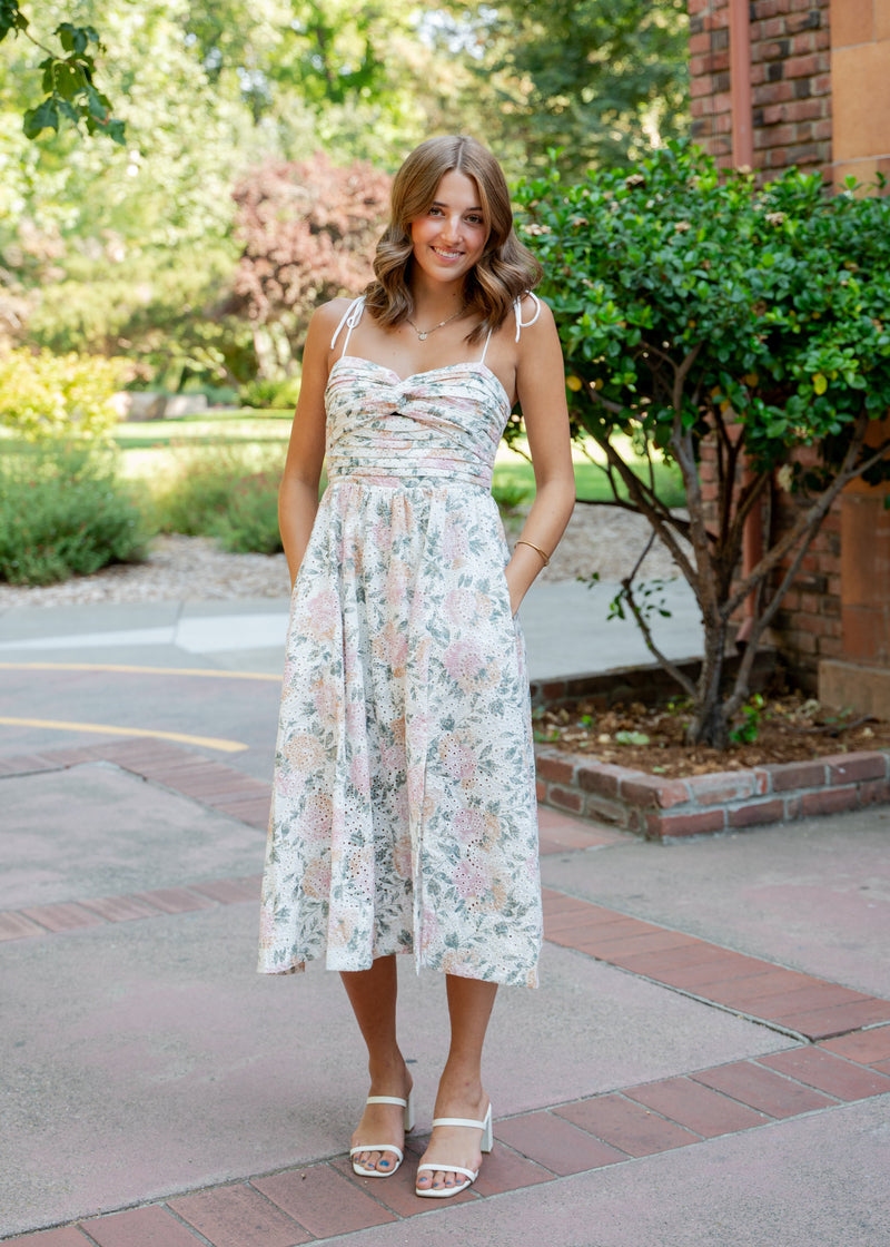 Sariah Floral Pleated Eyelet Midi Dress W/ Slit Sariah Floral Pleated Eyelet Midi Dress W/ Slit