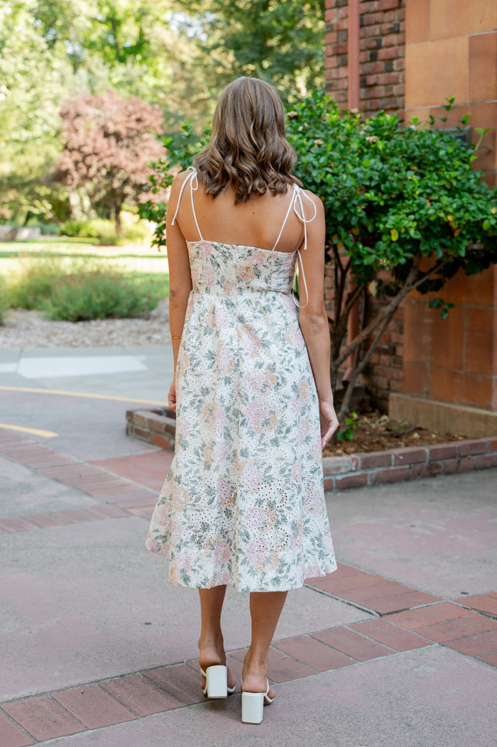 Sariah Floral Pleated Eyelet Midi Dress W/ Slit