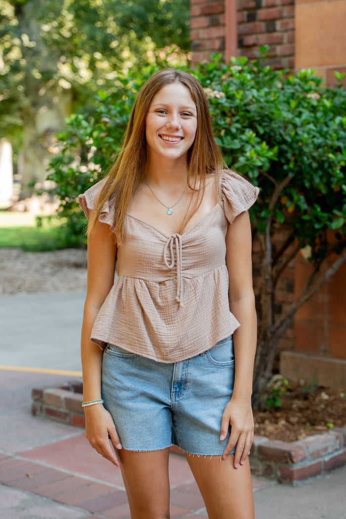 Gauze Front Ruched Flowy Top