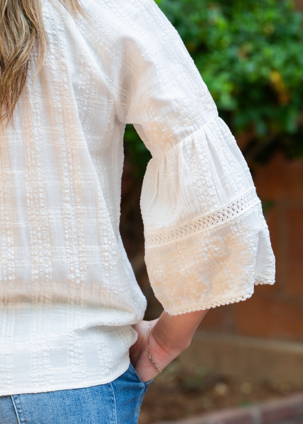 Woven Whim Blouse W/ Embroidered Sleeve Detail
