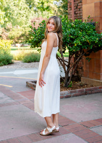 Cairo Front Ruched Linen Midi Dress W/ Slit