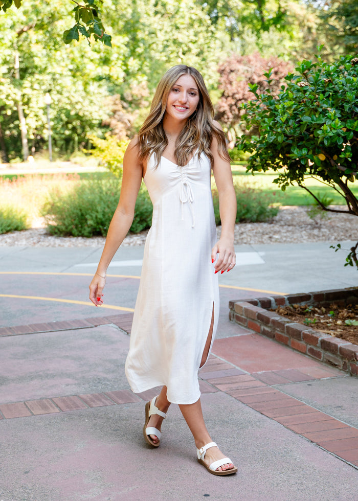 Cairo Front Ruched Linen Midi Dress W/ Slit