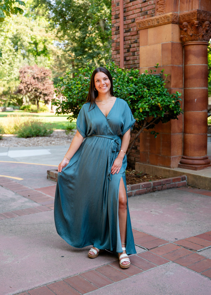 Kimono Sleeve Belted Maxi Dress W/ Slit