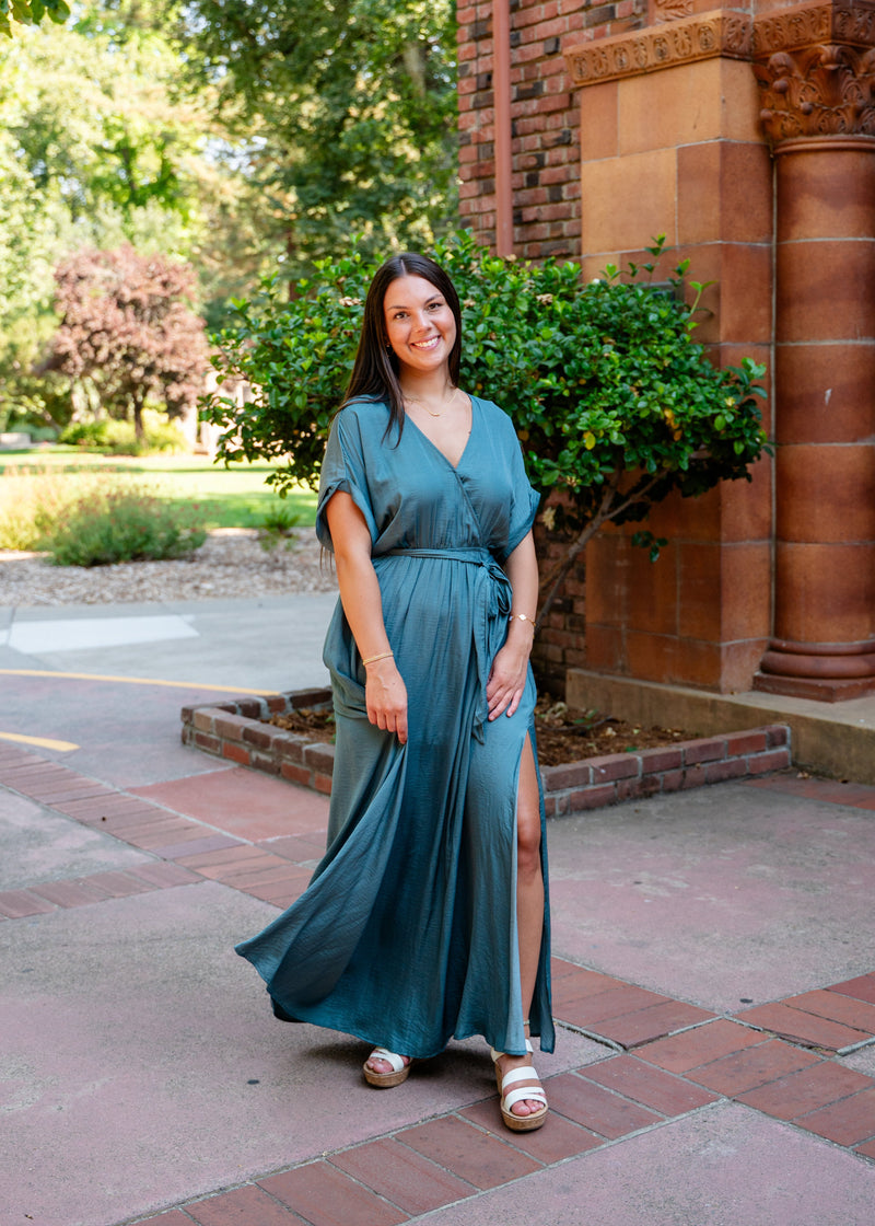 Kimono Sleeve Belted Maxi Dress W/ Slit