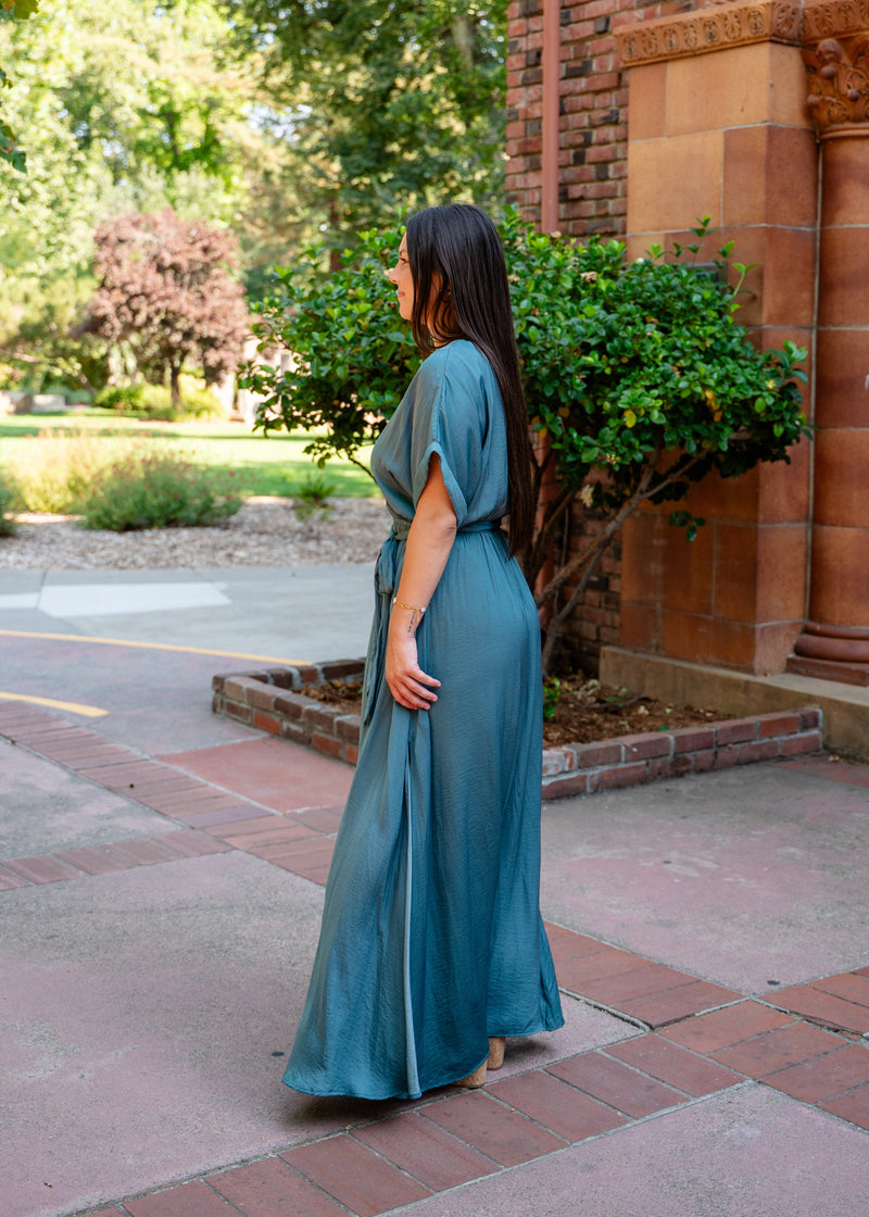 Kimono Sleeve Belted Maxi Dress W/ Slit