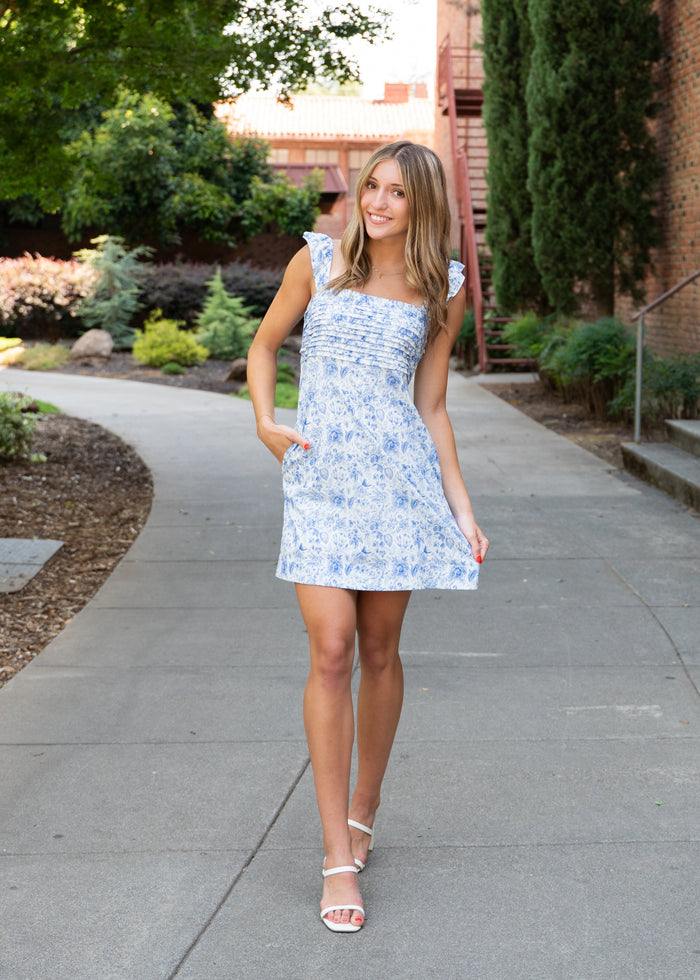 Mae's Ruffle Sleeve Floral Mini Dress W/ Built in Shorts & Pockets