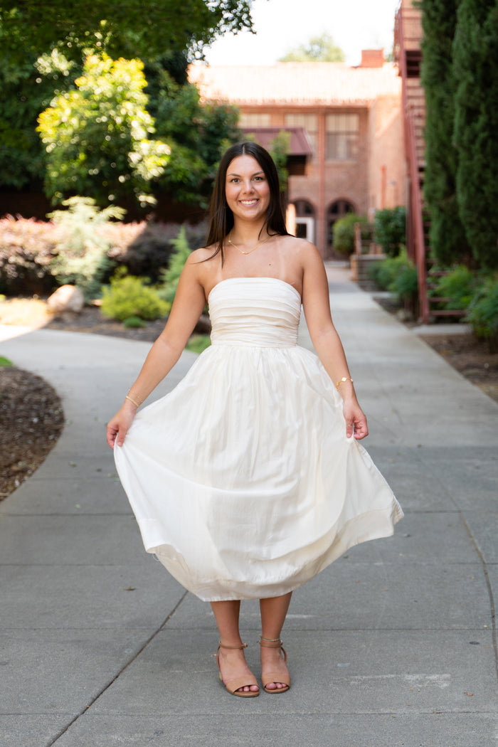 At Last Strapless Midi Dress