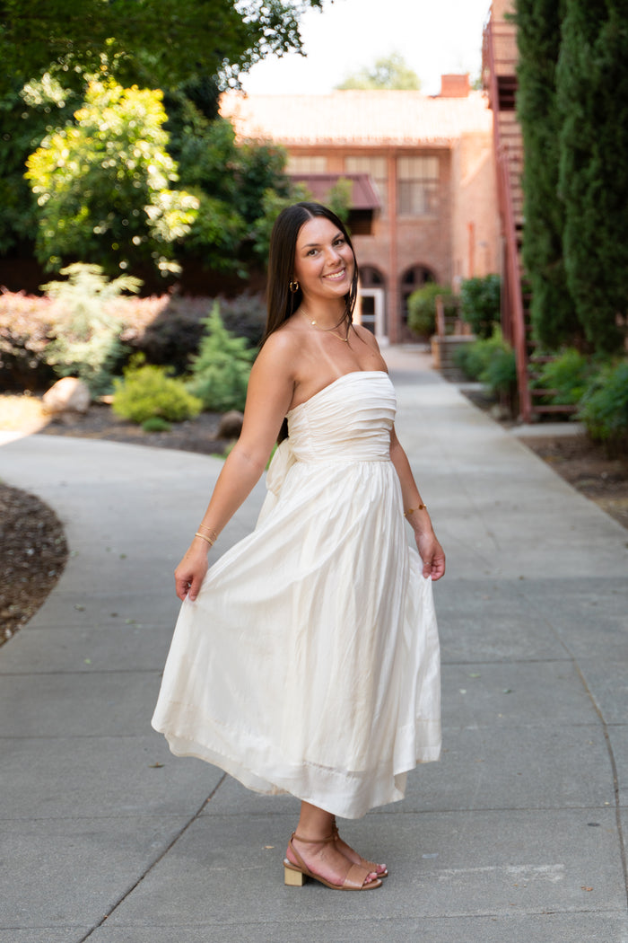 At Last Strapless Midi Dress