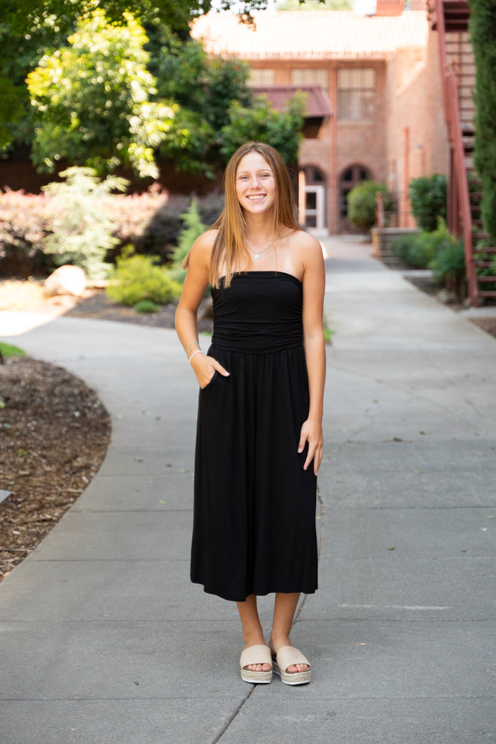 Strapless Ruched Cropped Jumpsuit W/ Pockets