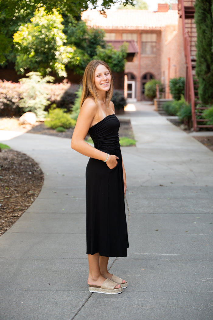 Strapless Ruched Cropped Jumpsuit W/ Pockets