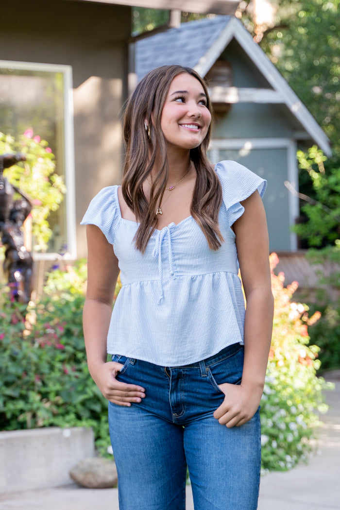 Striped Front Ruched Flowy Cap Sleeve Top