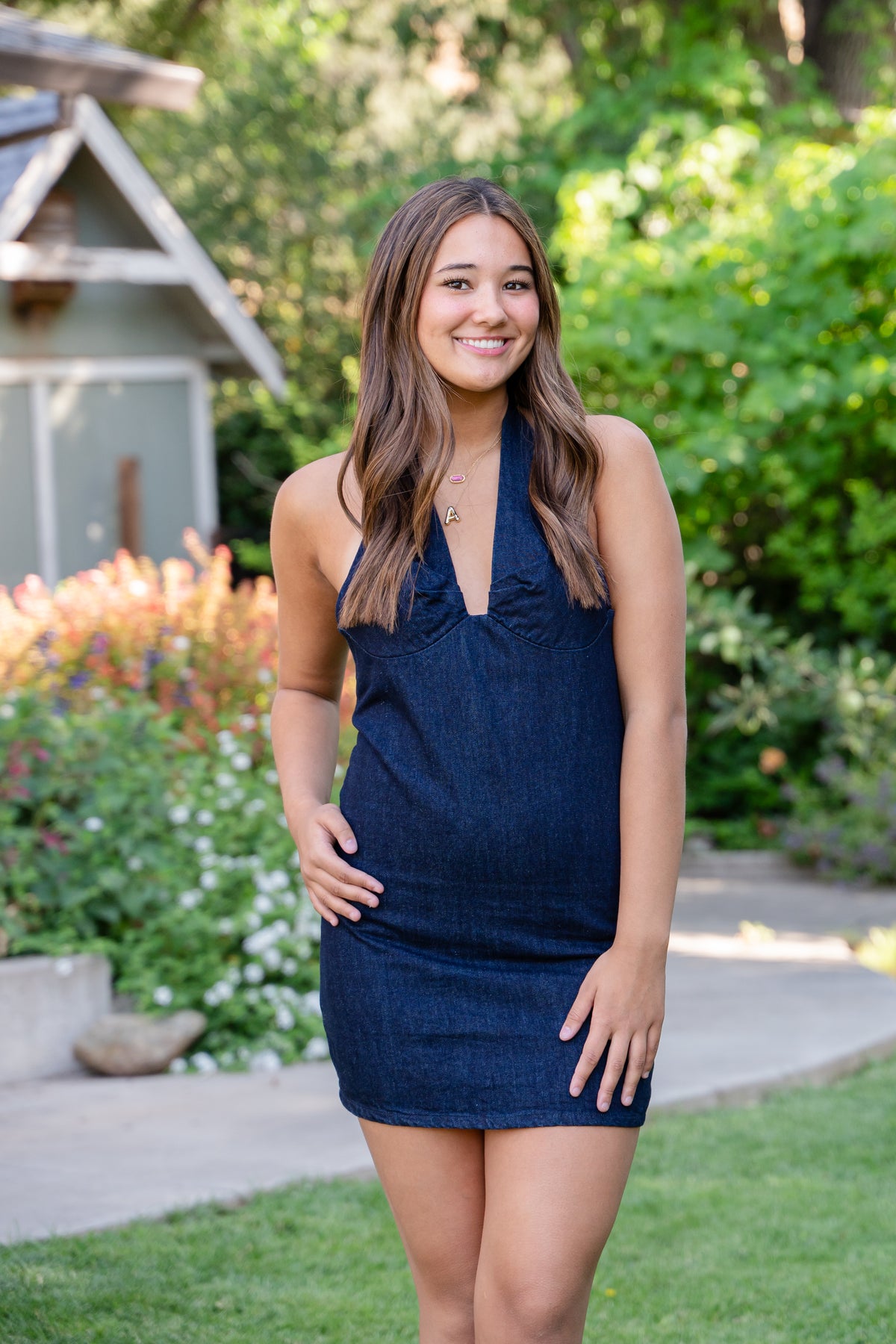 Denim Tie Top Mini Dress W/Open Back