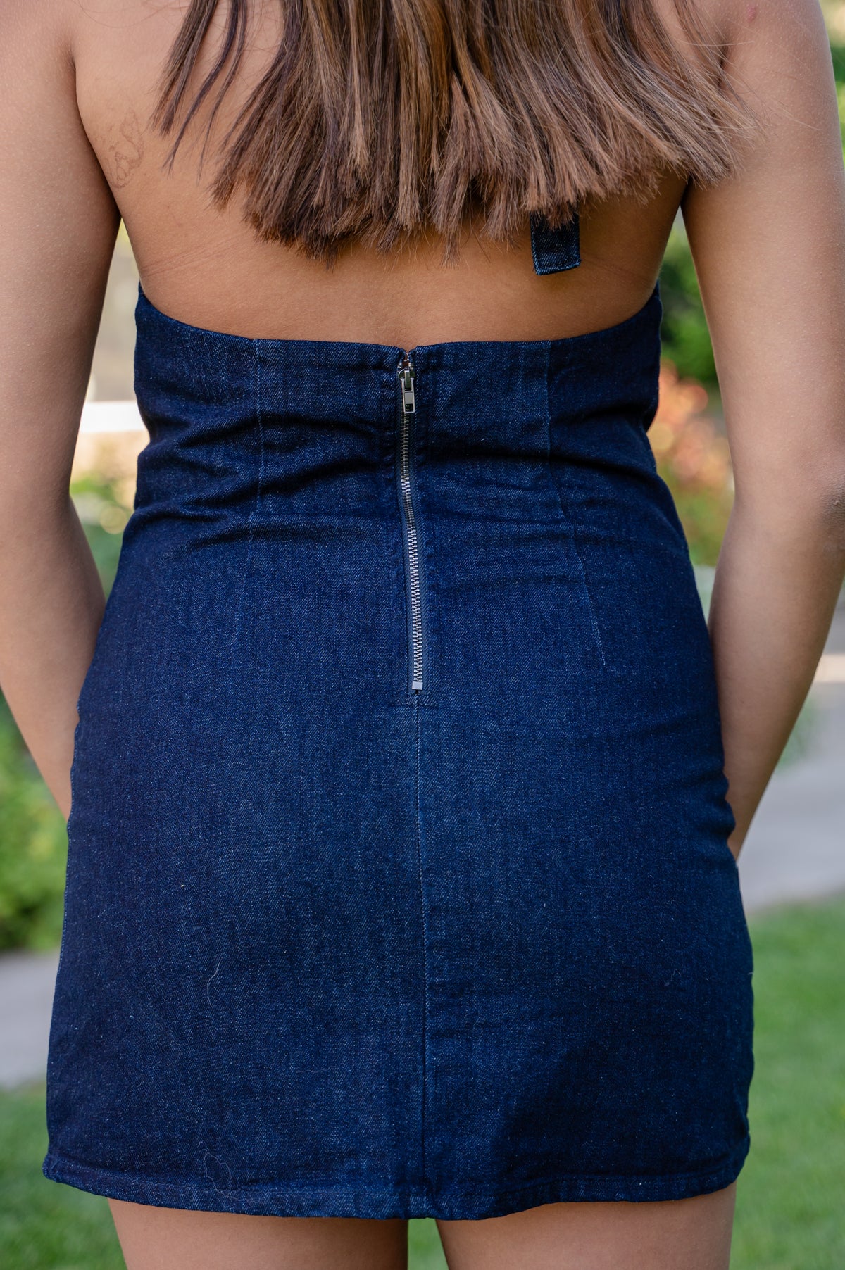 Denim Tie Top Mini Dress W/Open Back