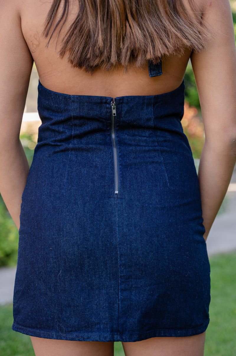 Denim Tie Top Mini Dress W/Open Back