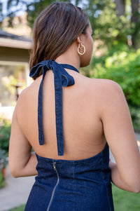 Denim Tie Top Mini Dress W/Open Back