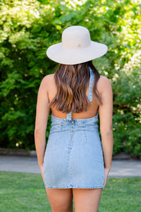 Denim Tie Top Mini Dress W/Open Back