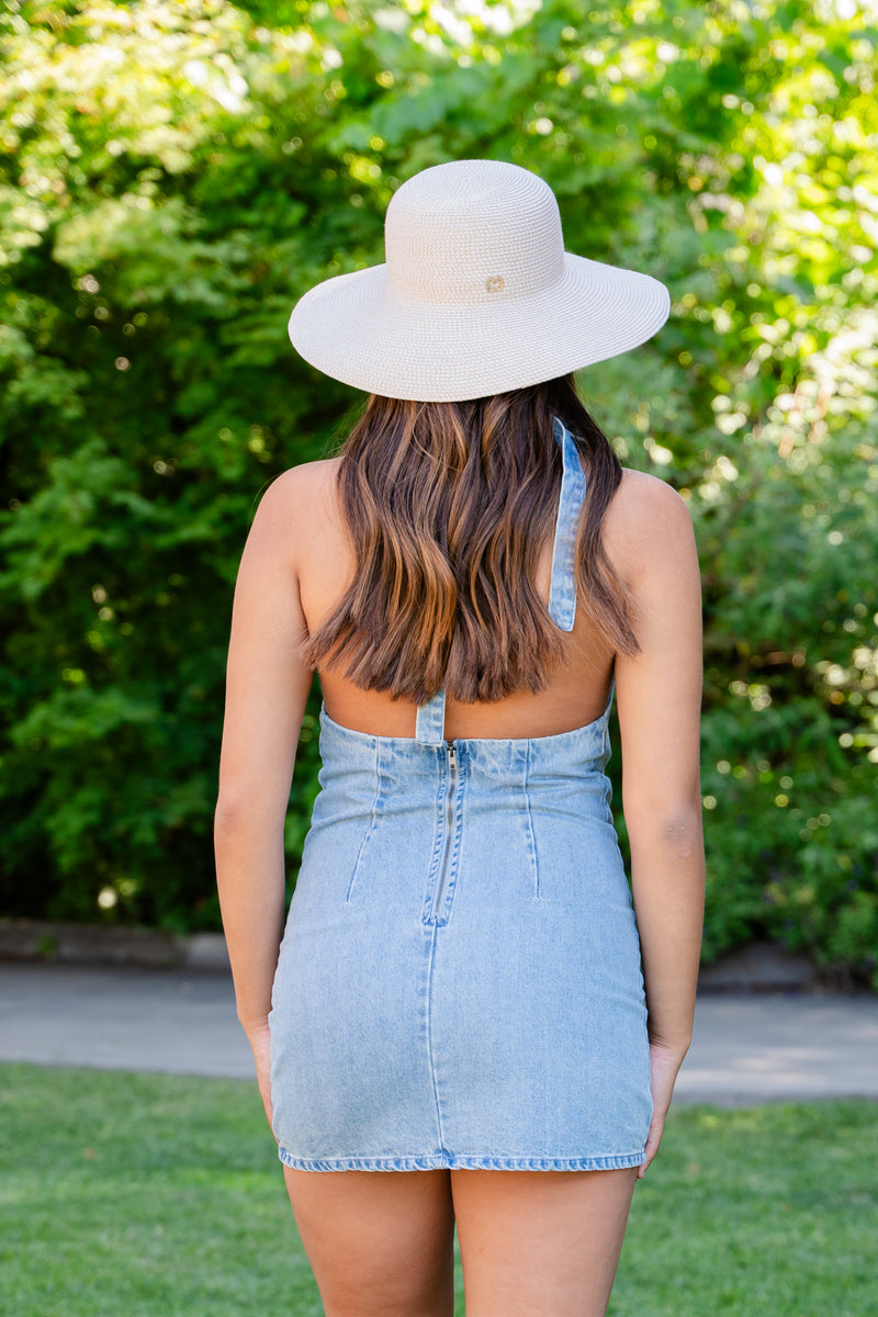Denim Tie Top Mini Dress W/Open Back