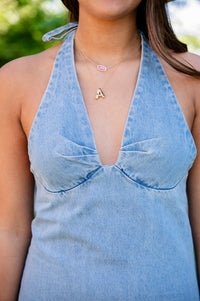Denim Tie Top Mini Dress W/Open Back