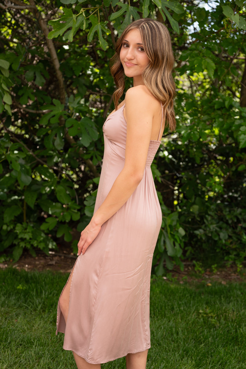 CLEARANCE- Twist Front Ruched Midi Dress For Elyse CLEARANCE- Twist Front Ruched Midi Dress For Elyse