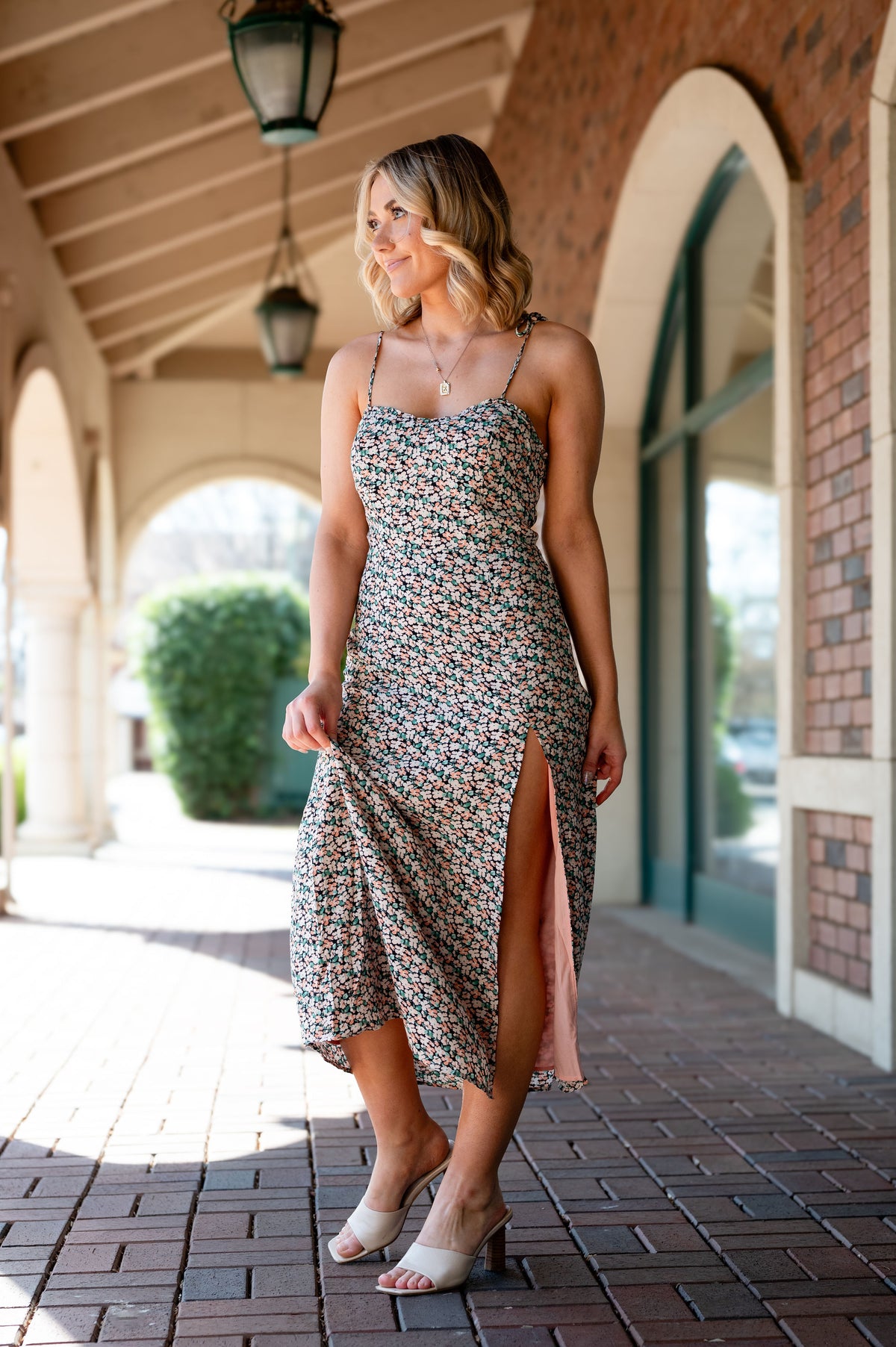 midi dress with side slit Striped Knit Side Slit Midi Dress