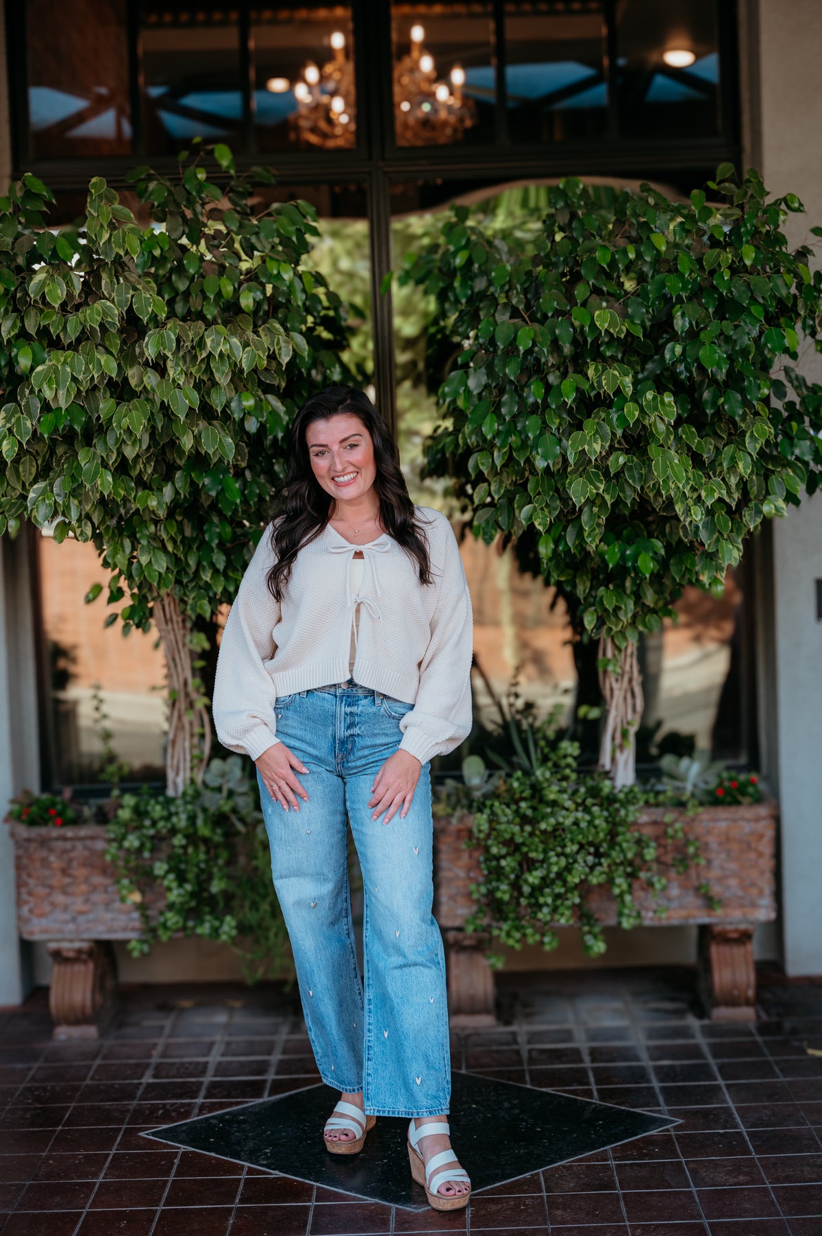 Stitched W/ Love Embroidered Mid Rise Bowed Straight Leg Jeans