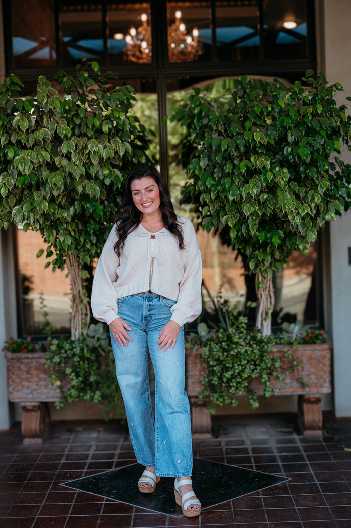 Stitched W/ Love Embroidered Mid Rise Bowed Straight Leg Jeans