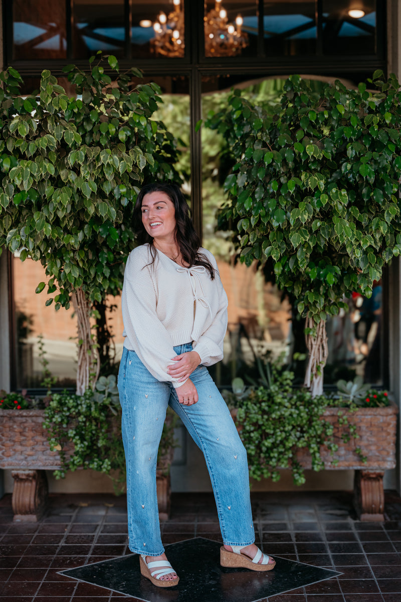 Stitched W/ Love Embroidered Mid Rise Bowed Straight Leg Jeans