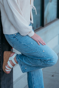 Stitched W/ Love Embroidered Mid Rise Bowed Straight Leg Jeans