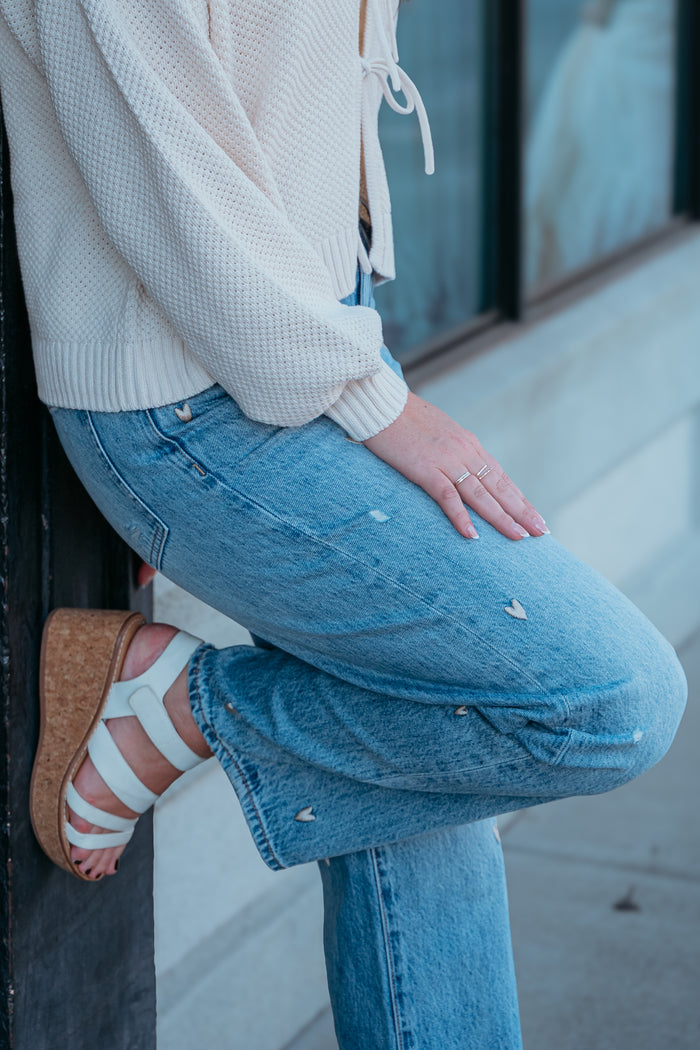 Stitched W/ Love Embroidered Mid Rise Bowed Straight Leg Jeans