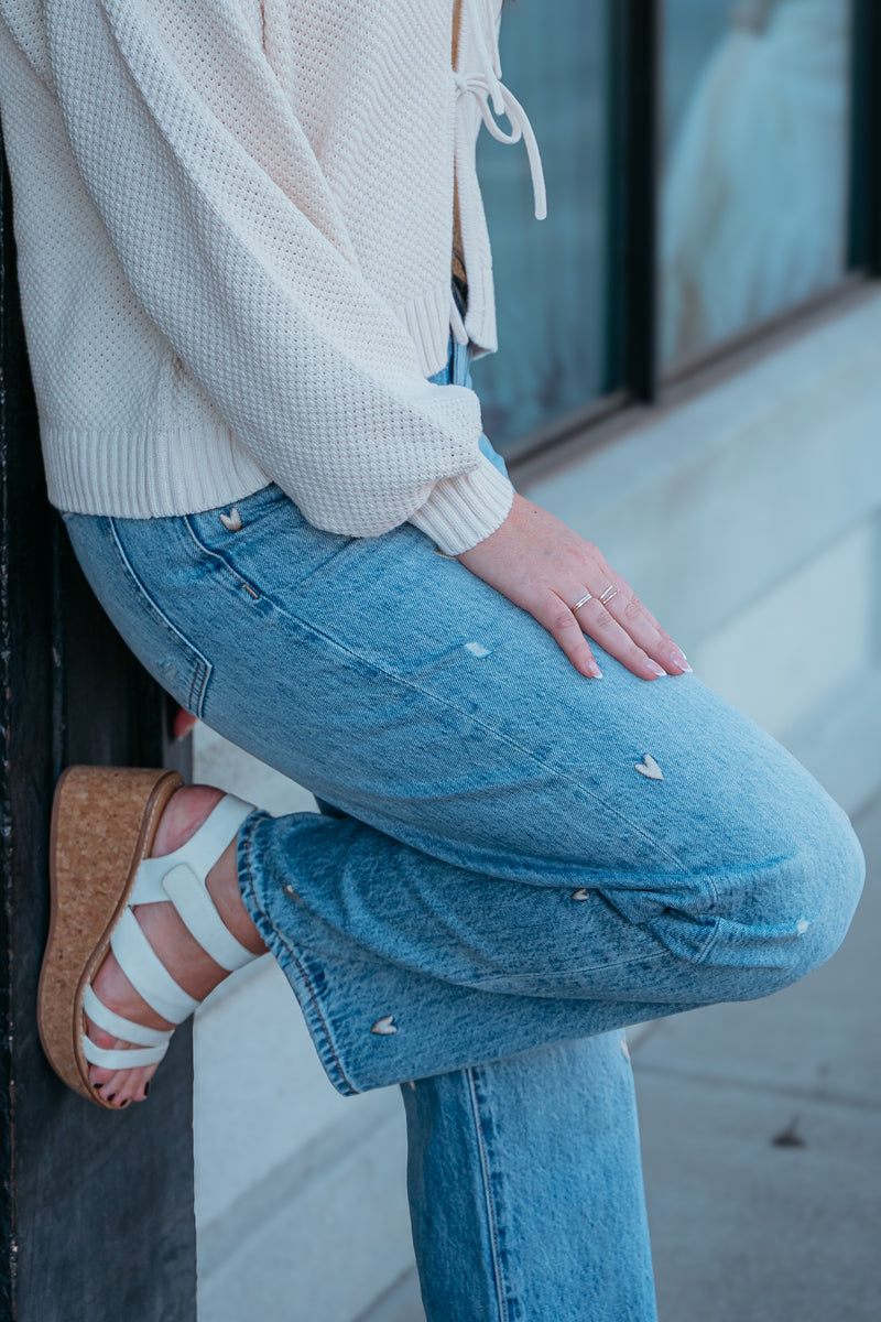 Stitched W/ Love Embroidered Mid Rise Bowed Straight Leg Jeans