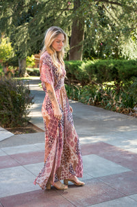 Bohemian Patchwork Smocked Waist Kimono Sleeve Maxi Dress